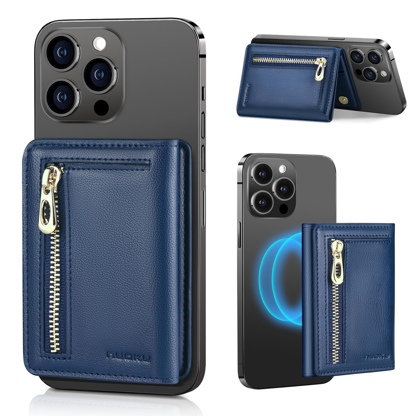 nuoku 磁気財布 携帯電話用 Magsafeウォレット対応 磁気カードホルダー iPhone 15/14/13/12シリーズ用 13/12 miniには非対応， T-ブルー