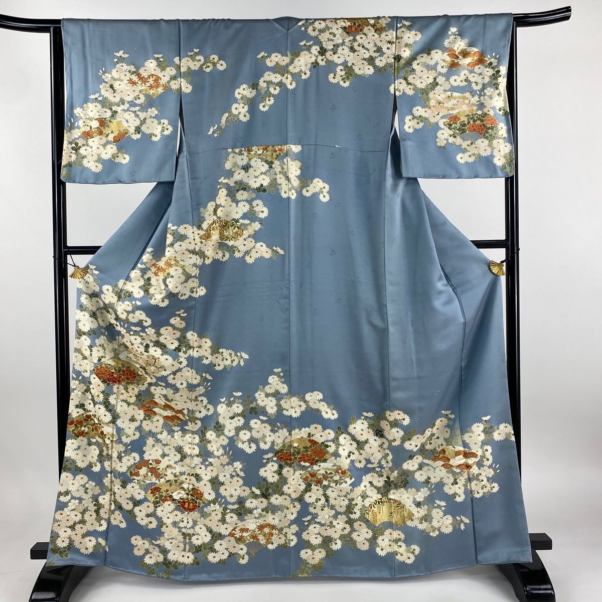 しつけ付　未使用品　超美品　正絹　大島紬　振袖　成人式　着物　黒　桜　166 しつけ付未使用品超美品正絹大島紬振袖成人式着物黒桜166