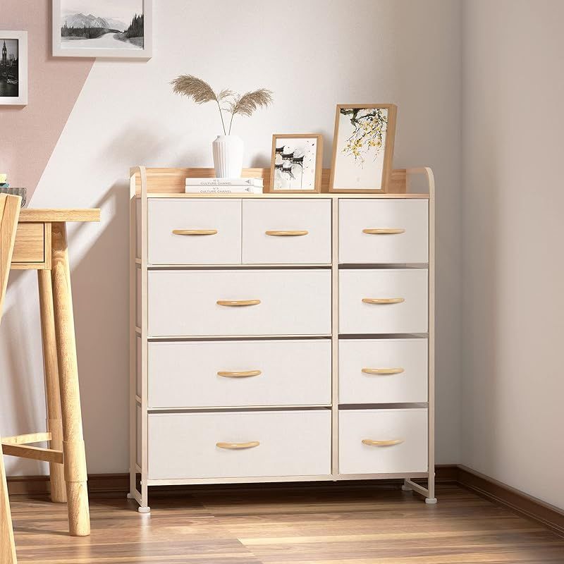 LYNCOHOME チェスト タンス 布製 ベージュ 収納 引き出し 簡単組立 衣類収納 大容量4段9杯 幅87.5×奥行29×高さ99.5cm 1 MARWIL-DEMENAGEMENTS_CH