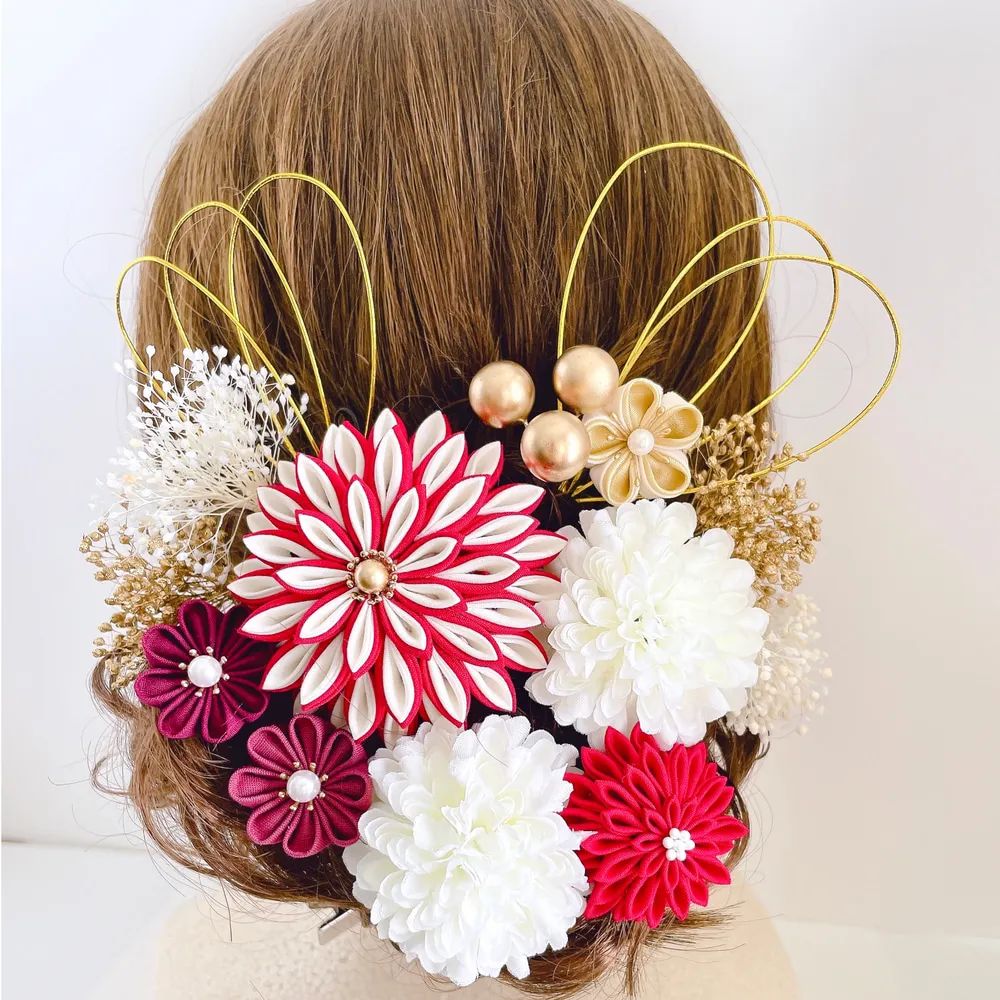 つまみ細工髪飾り【赤×レッド】成人式 七五三 和装 着物 結婚式