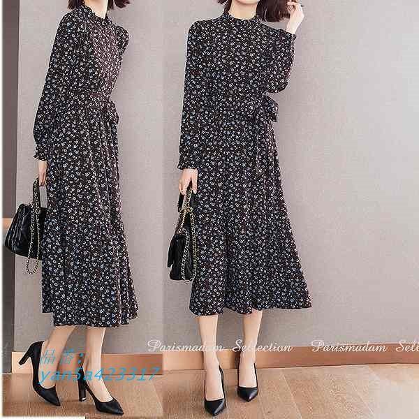 プリントワンピース ウエストリボン スタンド長袖 ひざ下丈 大きいサイズあり Sから2L ほっそり効果大通勤通学20代30代40代50代60代 yan5a423317