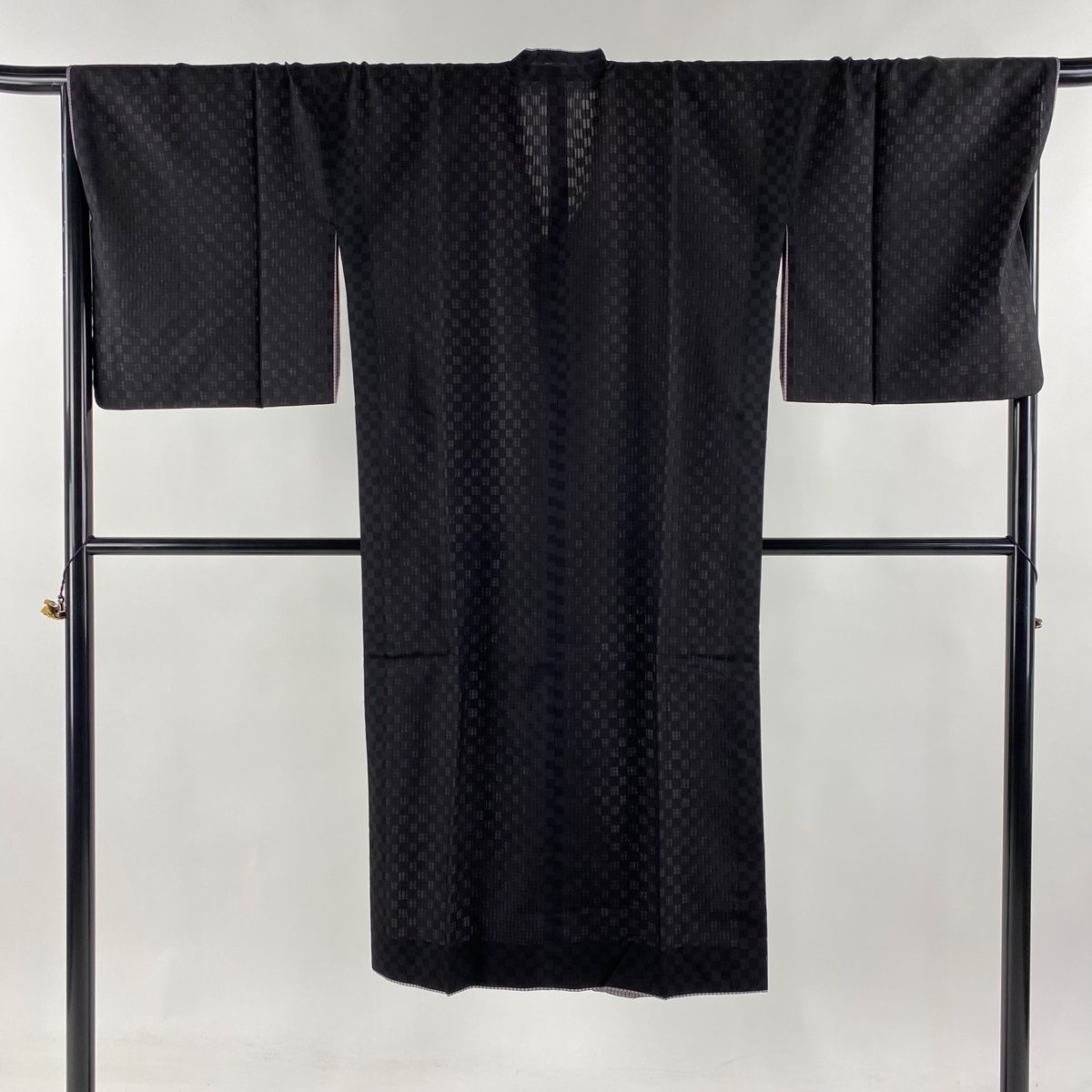 道行 身丈126.5cm 裄丈70cm L 和装コート 千代田衿 リバーシブル 市松 格子 黒 正絹