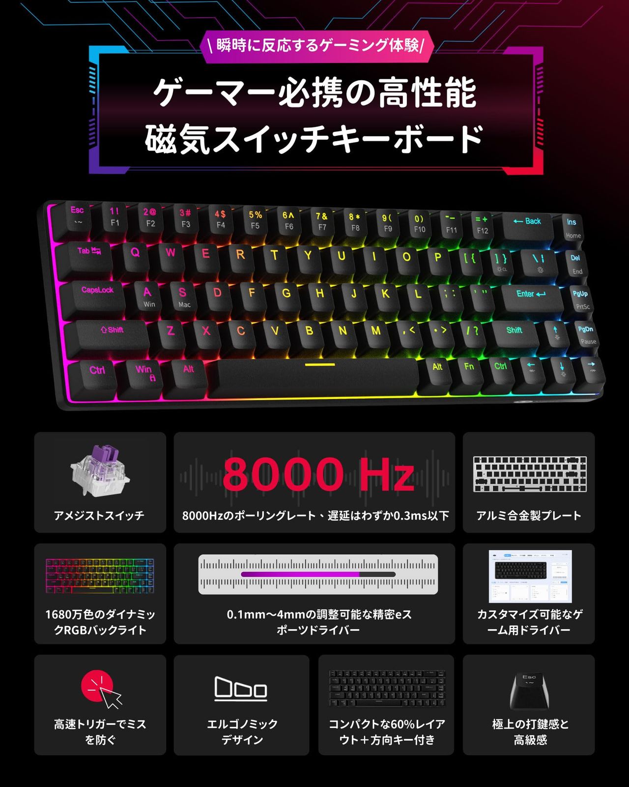 MageGee ラピッドトリガー キーボード | 68キー 英語配列 有線 RGB 60% サイズ | ゲーミングキーボード ラピッドトリガー | 磁気スイッチ メカニカルゲーミングキーボード | 超高速1.4mm作動 | 8000Hz ポーリングレート