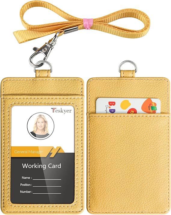 Teskyer IDカードホルダー ネームホルダー 本革 名札ホルダー カードケース 縦型 社員証 ネックストラップ 吊り下げ カード入れ パスケース 定期入れ 名刺入れ 名札ケース 通勤通学（縦型 イエ