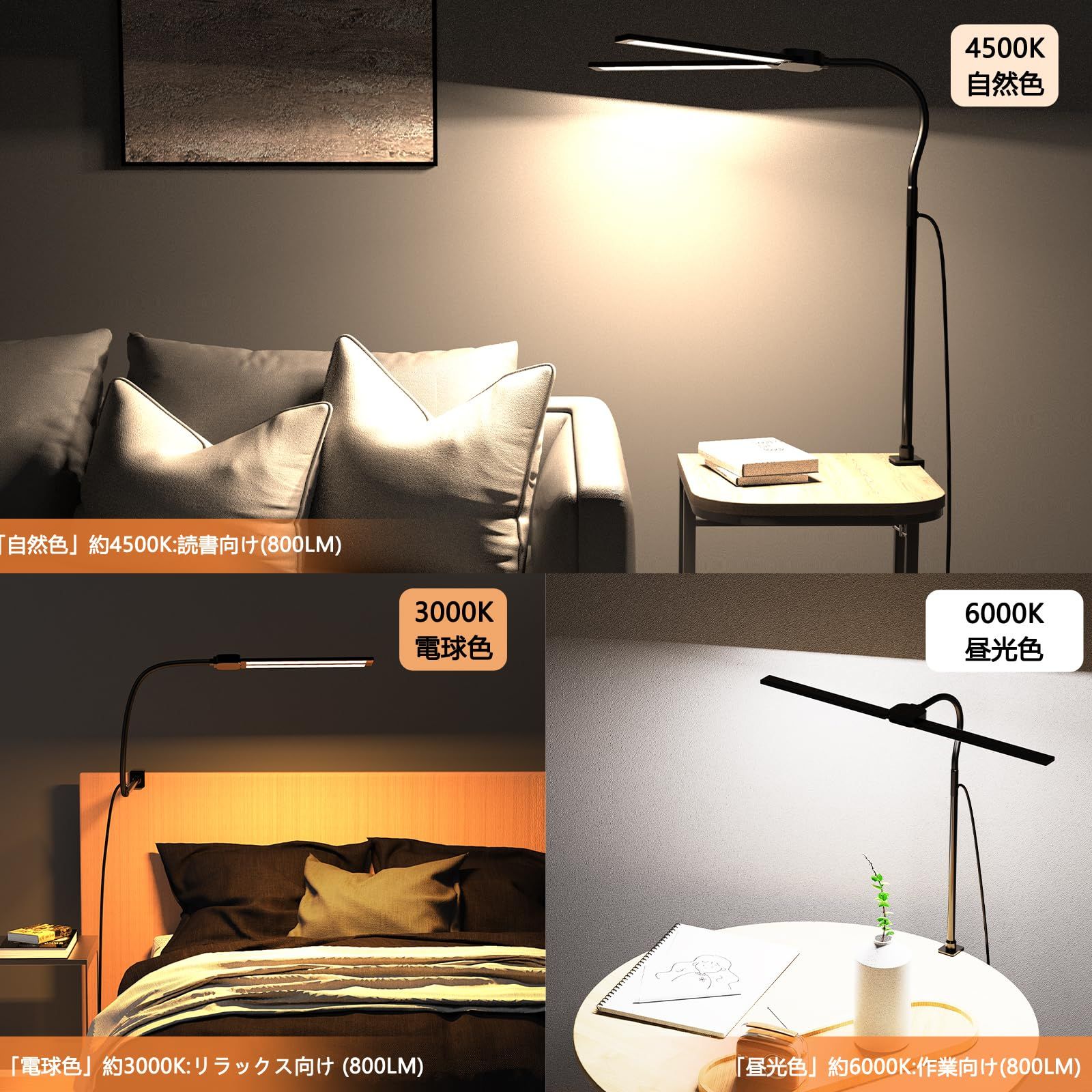 Rakuminyouデスクライト LED ダブルヘッド 電気スタンド クランプ式 卓上ライト 13W高輝度 ダブル光源スタンドライト 3色温度 無段階調光 テーブルライト 360°回転 クリップライト 机用 子供 仕事用ライト 寝室用ライト 目に NEXPOTALLINN_EU