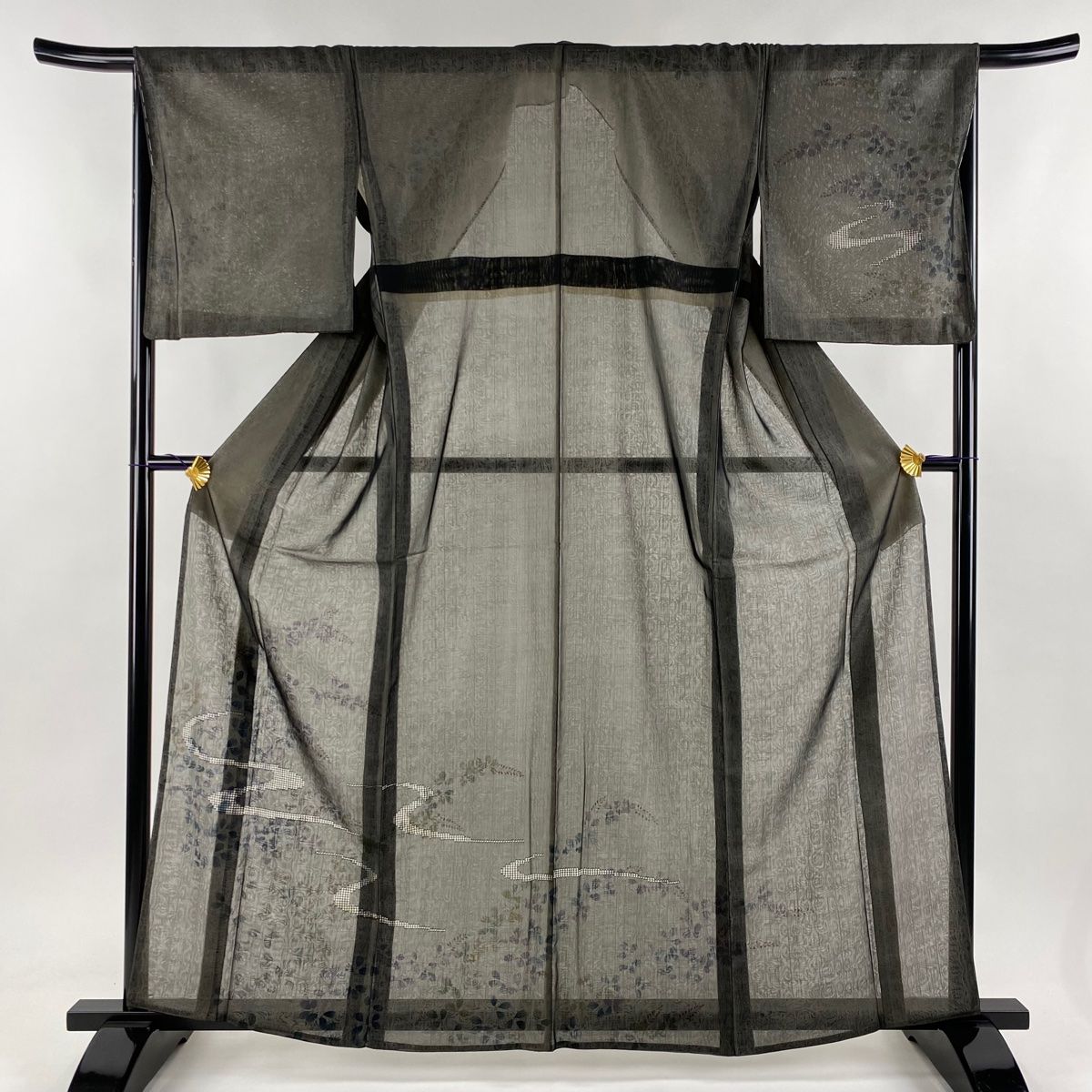 付下げ 身丈162.5cm 裄丈67cm M 紗袷 萩 流水 墨色 正絹 美品 名品 【】