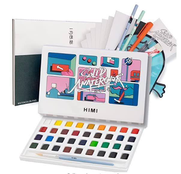 【新着商品】風景画 水彩画 教材 イラスト 固形絵具 塗り絵 美術 絵具 学習教材用 水彩絵の具 画材 初心者向け 固形水彩 無毒性 絵の具 ホビー プレゼント HIMI (36色)