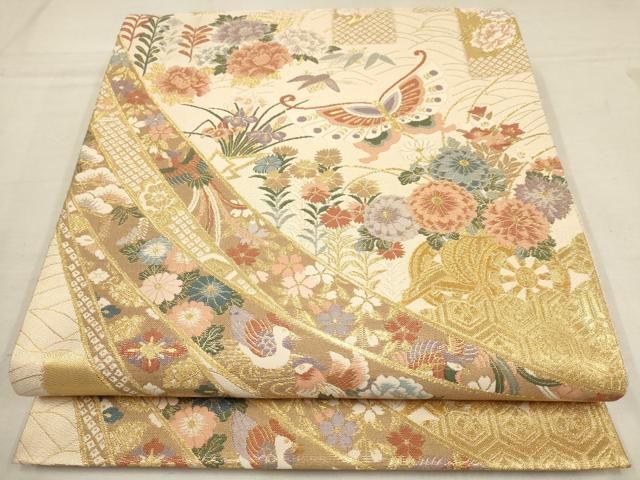 袋帯　花柄　蝶　金色糸　六通帯⁉　豪華鮮やか　ゴールド 平和屋着物◎六通柄袋帯 錦麗 双鳥花丸文 金銀糸 正絹 逸品