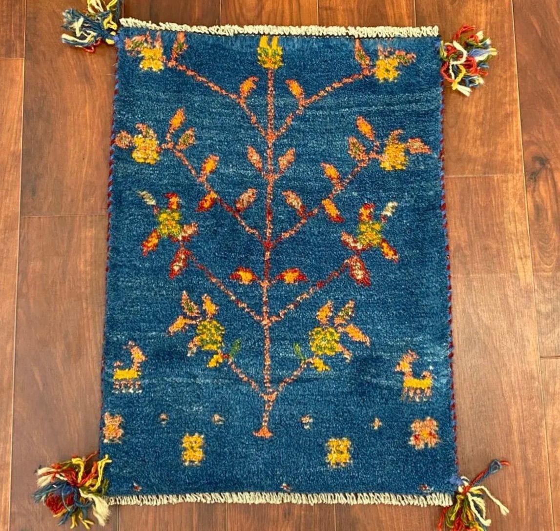 ペルシャ ギャッベ 玄関マット小 54×40.5 青 生命の木 花 