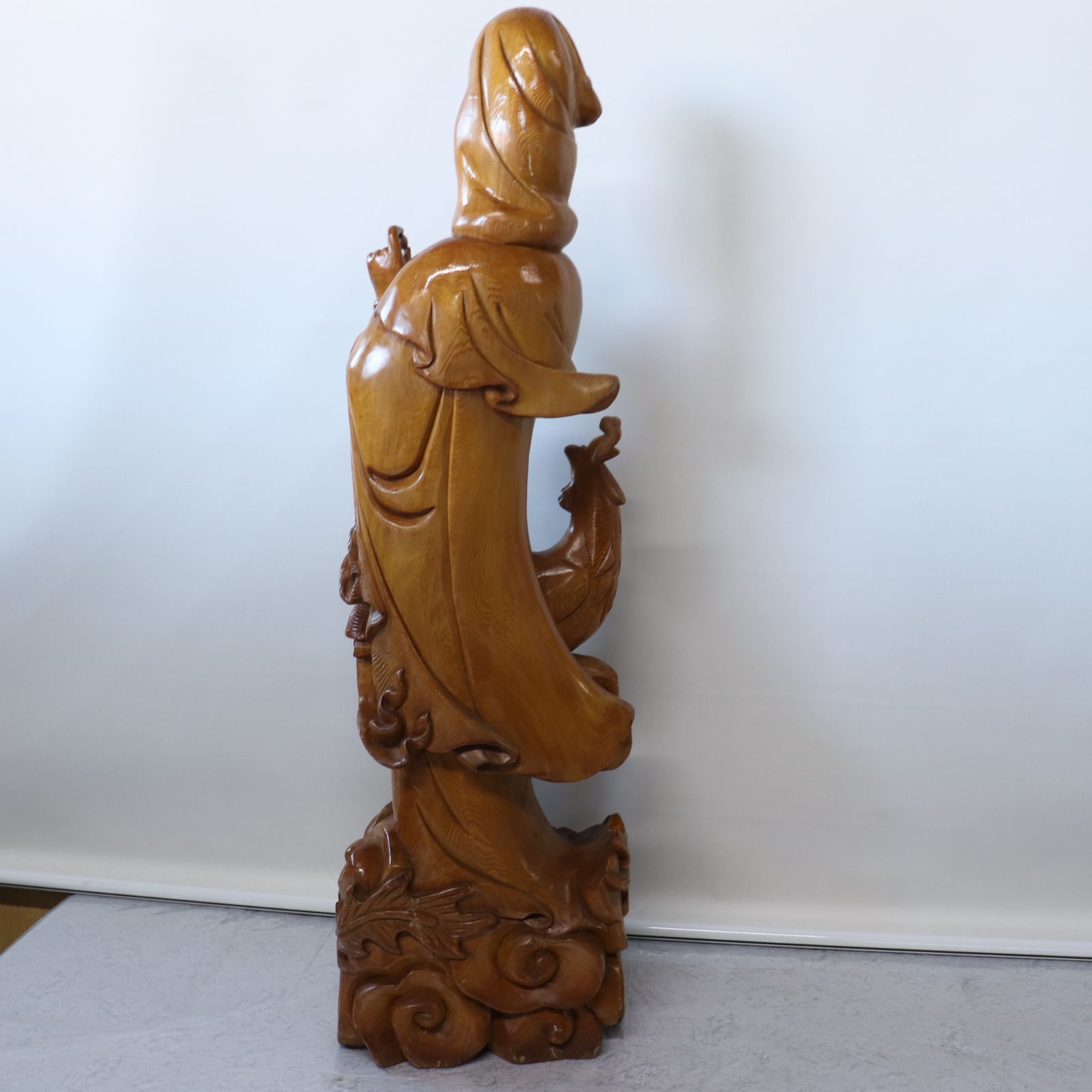 木彫り 観音菩薩 木製 90cm 大型 仏教美術 置物 細密彫刻 仏像 古美術 