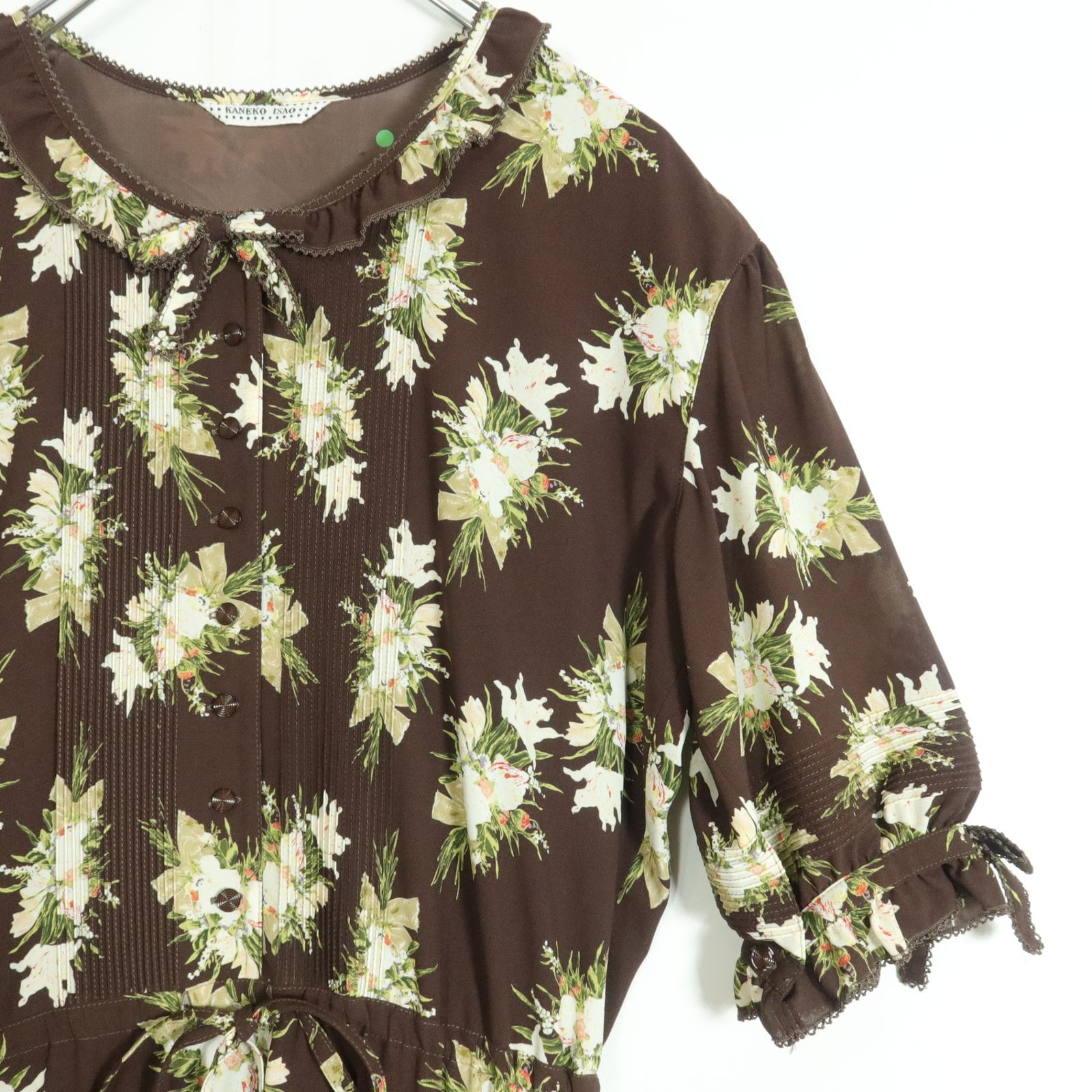 カネコイサオ☆リボン付きワンピース ブラウン系 華やかなフラワー