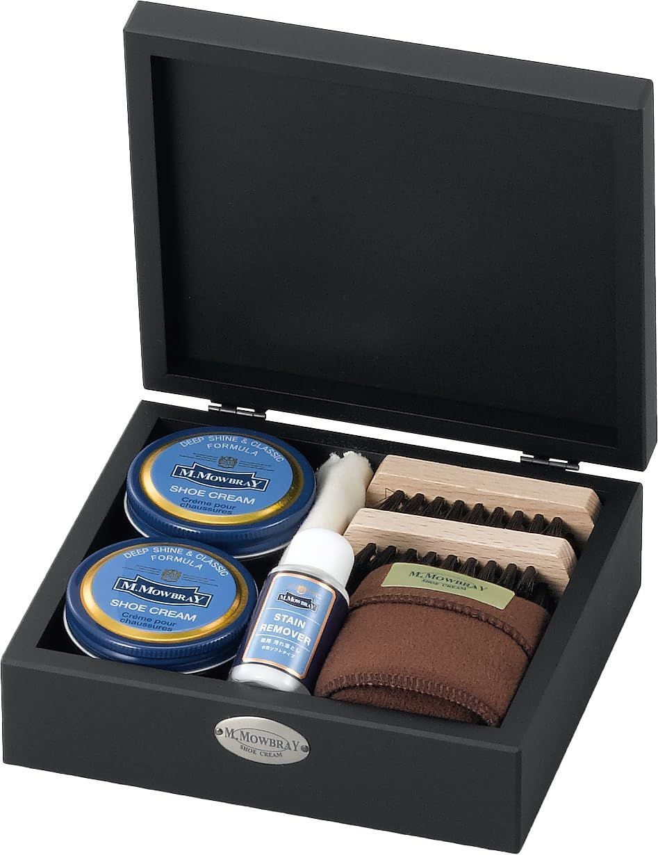 M.モゥブレィ シューケア 靴磨き キット 木箱入り メンズセット 靴クリーム ブラシ クリーナー 汚れ落とし クロス