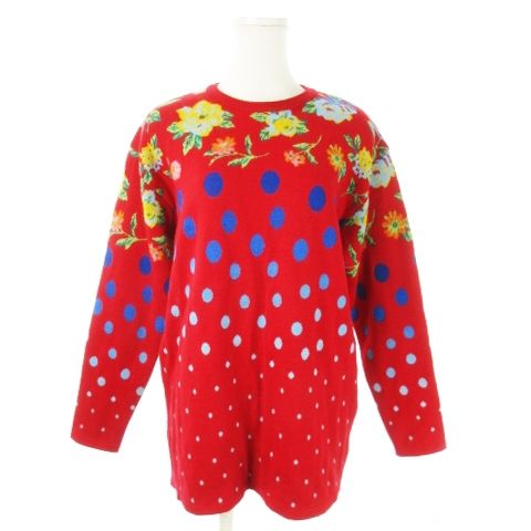 ケンゾー KENZO ニット セーター クルーネック 長袖 インターシャ 花柄 バラ ドット 総柄 2 M 赤 レッド /AO20 ■GY18 レディース ケンゾー KENZO ニット セーター クルーネック 長袖 インター