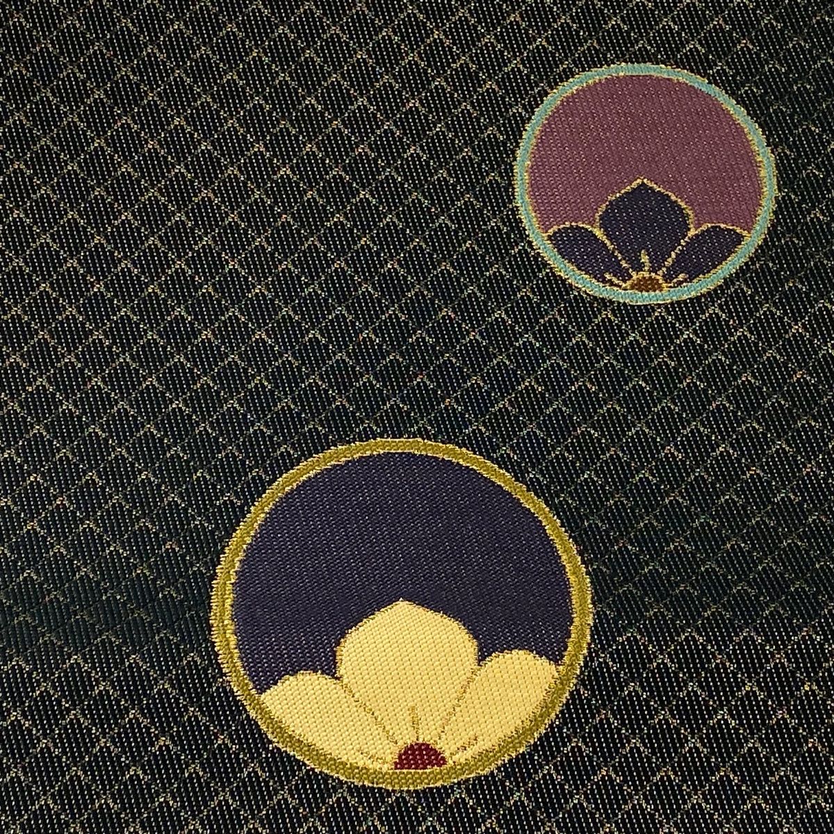 袋帯 秀品 関西仕立て 丸紋 花 金糸 墨色 六通 正絹