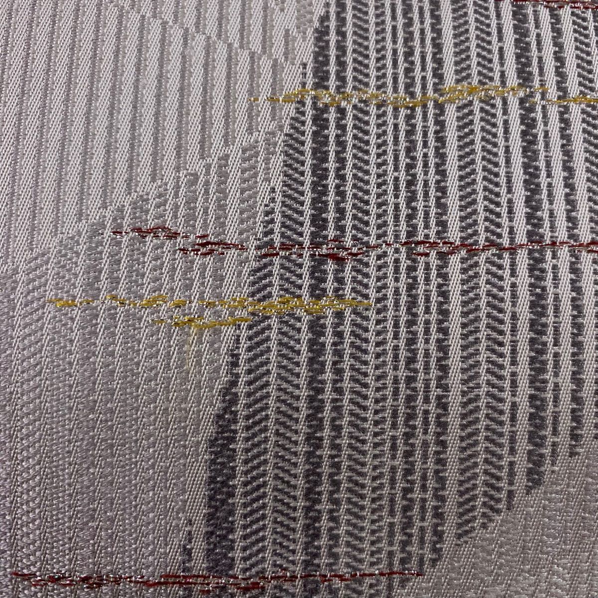 名古屋帯 秀品 縞 寄せ柄 箔 灰紫 正絹