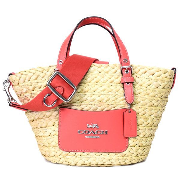 コーチ バッグ COACH ストロー スムースレザー かごバッグ