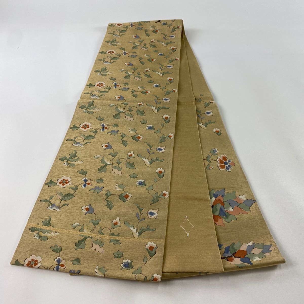 袋帯 秀品 夏帯 紗 菊 花唐草 金銀糸 深緑 お太鼓柄 正絹 中古