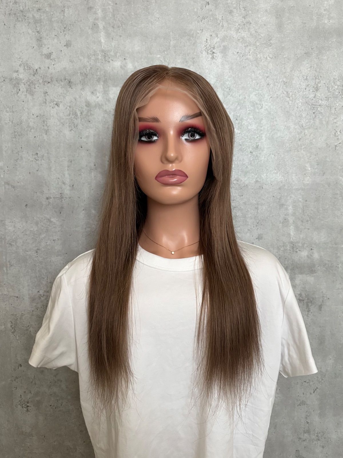 人毛100％フルウィッグ アッシュブラウン｜自然なもみあげ 耳掛けできる｜ロング｜オープン記念 先着3名