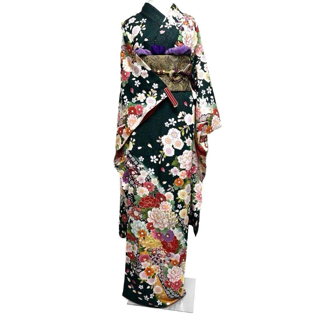 振袖 身丈160cm 裄丈64cm M 袷 桜 花びら 金通し 金彩 赤 正絹