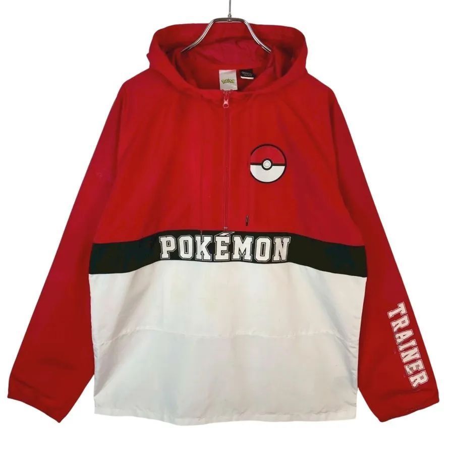 ポケモンPokemonアノラックパーカーハーフジップナイロンジャケットフーディポケモントレーナーアニメゲームモンスターボールワッペン赤レッド白ホワイト黒ブラックゆるダボオーバーサイズ ヴィンテージ50904