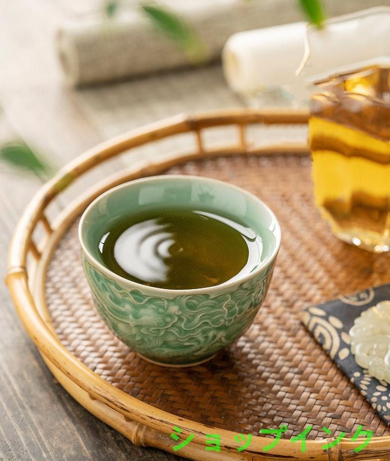 未使用品 中国美術 湯呑み 茶器2つ 青磁茶杯 煎茶道具 青磁龍紋