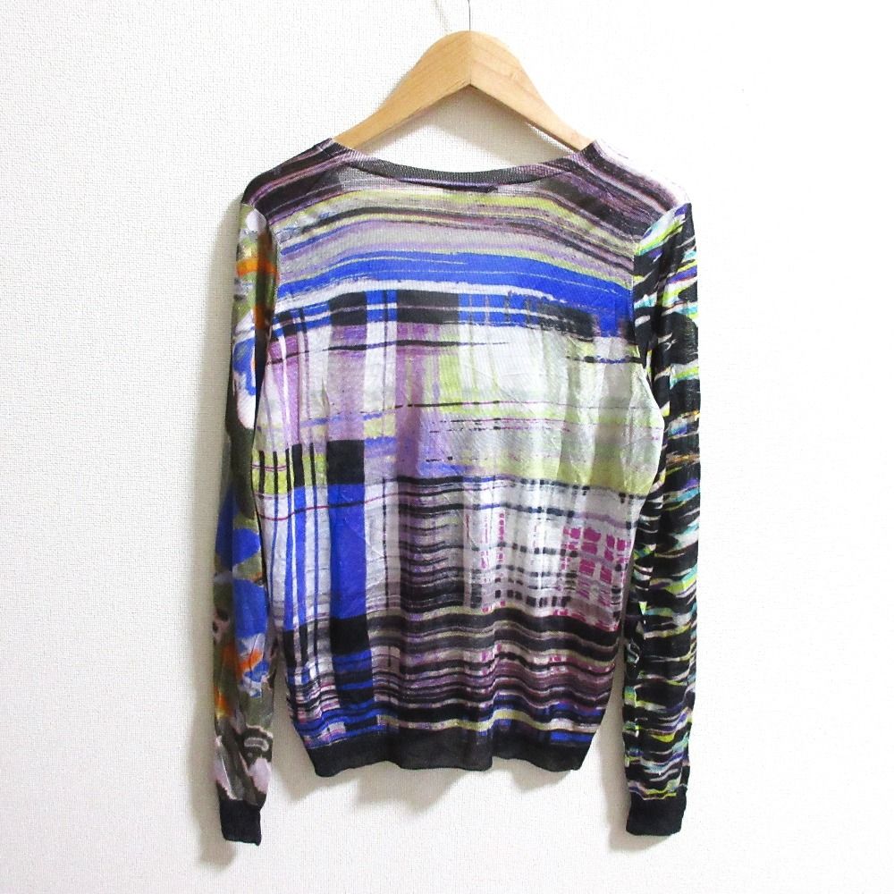 良品 ETRO エトロ シルク100％ 総柄 長袖 Vネック シアーニット