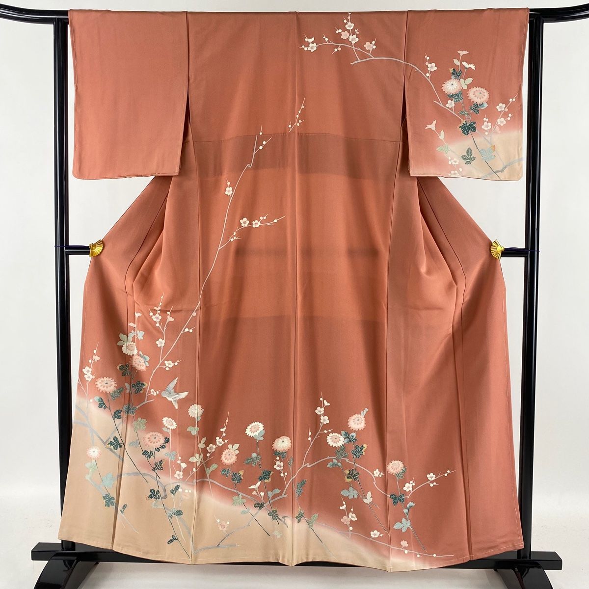 訪問着 秀品 菊 雀 ぼかし サーモンピンク 袷 身丈158cm 裄丈64cm M