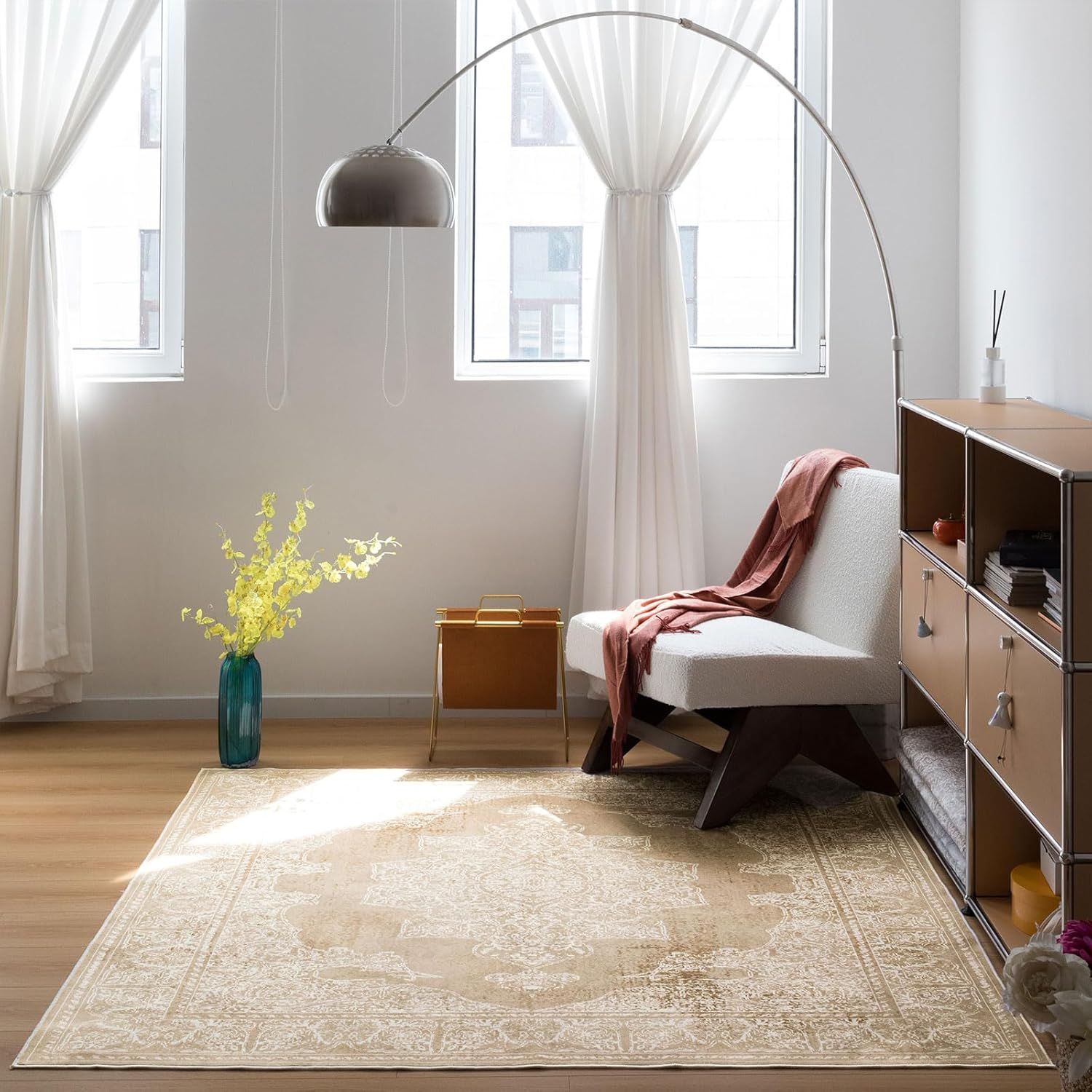 u-living カーペット 2畳 ペルシャ 絨毯風 ラグ マット 185X185CM 洗える 花柄 オールシーズン 軽量 滑り止め 防ダニ 防臭 ベージュ 床暖房対応