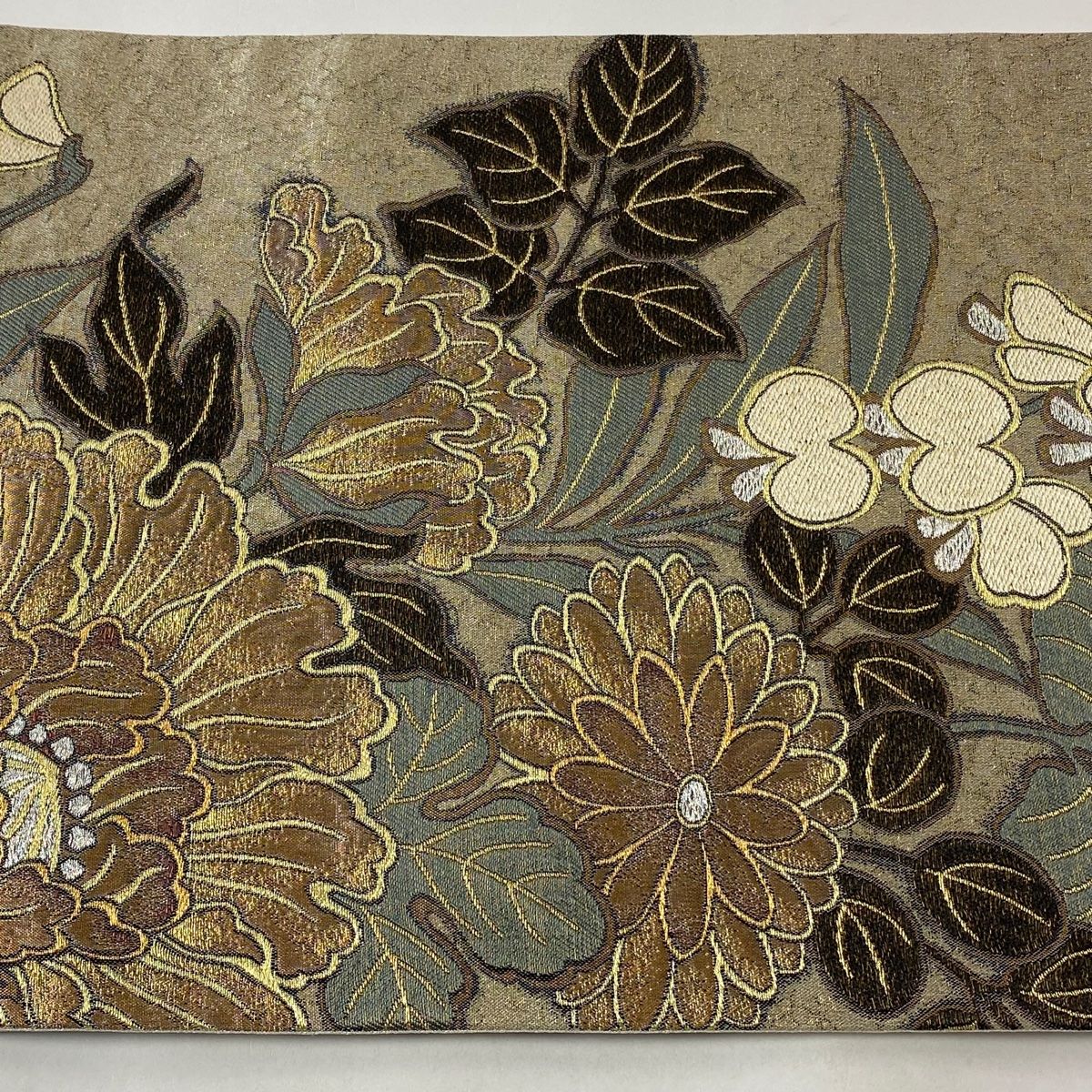 袋帯 名品 花井幸子 落款 草花 菊 金銀糸 箔 ベージュ 六通 正絹 