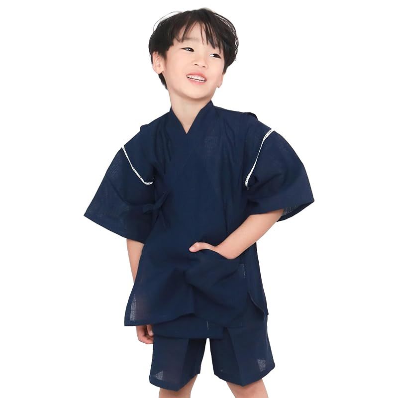 [KYOETSU] [キョウエツ] 甚平 しじら 綿 単品 ボーイズ (110cm， 無地×紺)