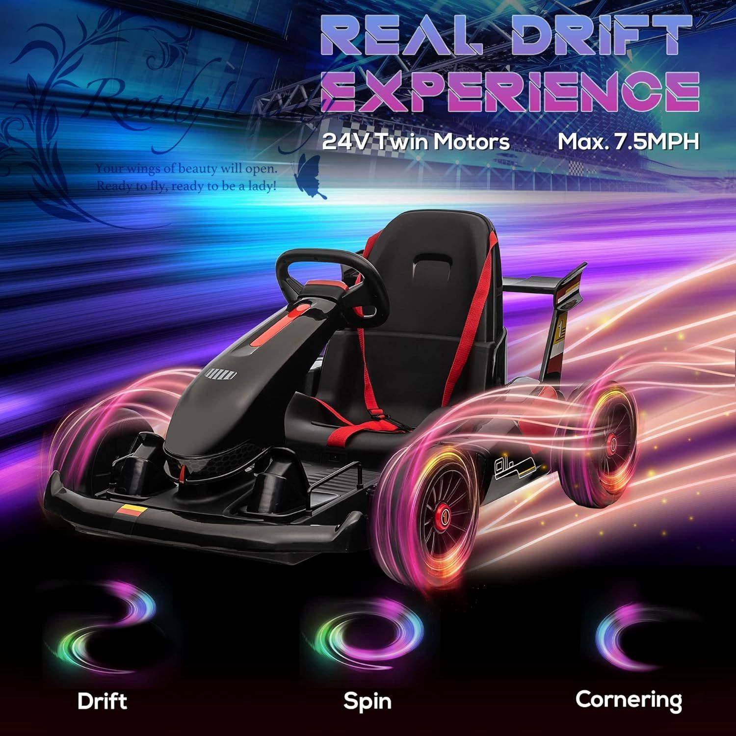 24V 7.5 MPH 電動ゴーカート ドリフトカー 子供用 リモコン付き 音楽