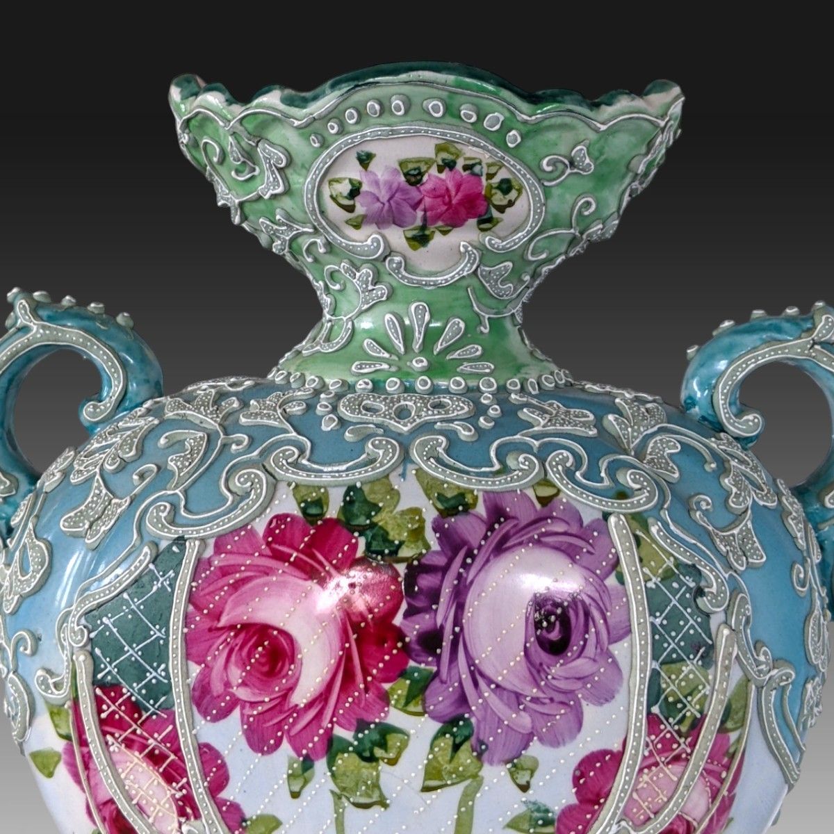 里帰り品】オールドニッポン 飾り壺 薔薇絵 一陳盛上げ手描き