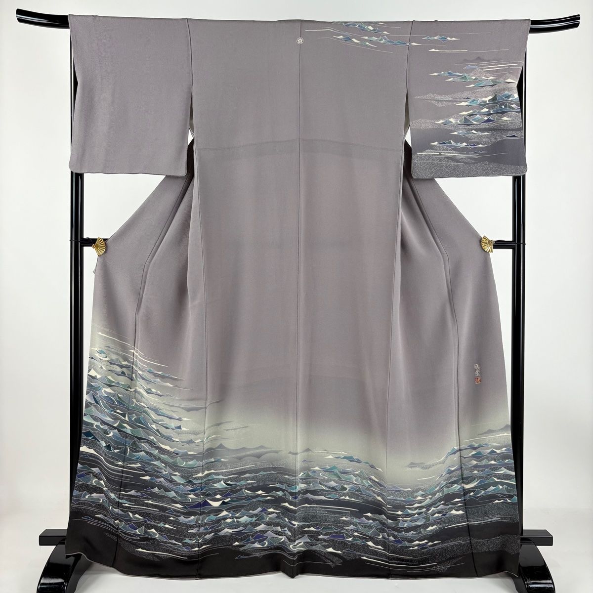 訪問着 身丈166cm 裄丈66.5cm M 袷 落款 波 ぼかし 縮緬 灰紫 正絹 名品 一つ紋