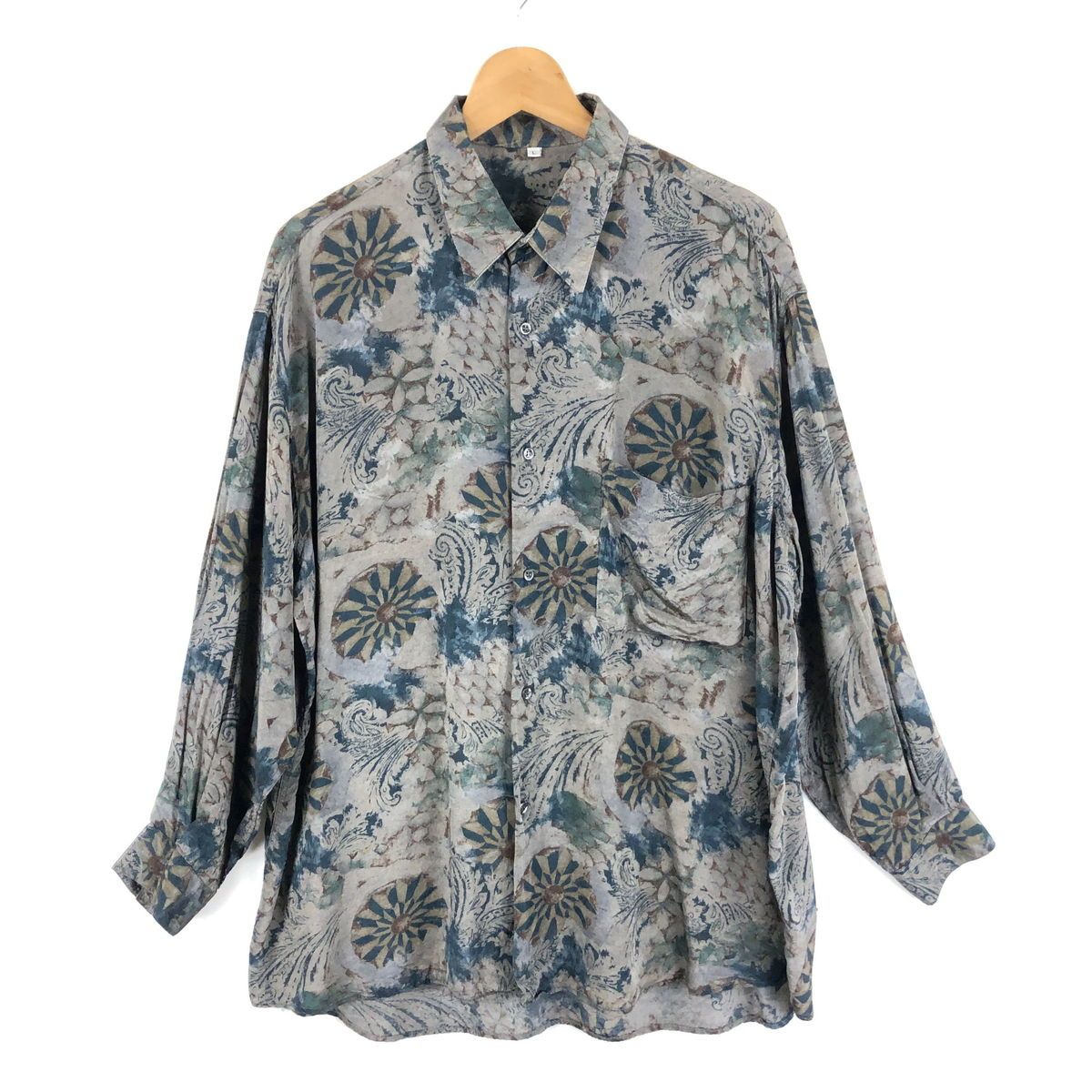 【古着】 シャツ 柄シャツ 総柄 絵画系 光沢生地 ヴィンテージ 長袖 グレー系 メンズXL 【中古】 n046380