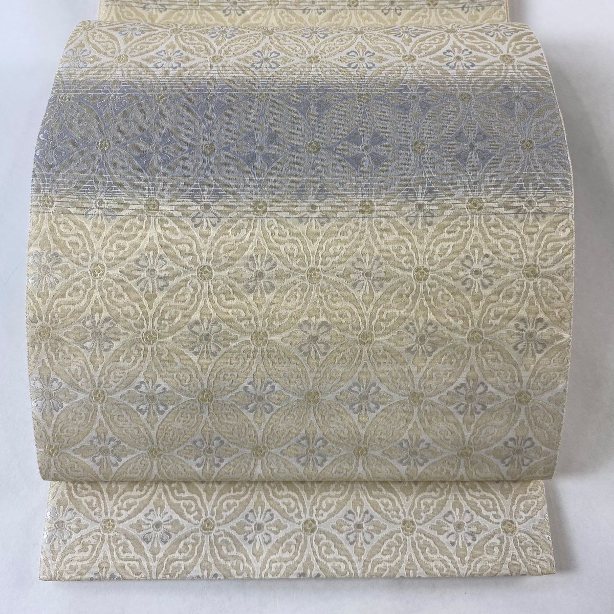 袋帯 名品 七宝華文 段縞 金糸 ベージュ 六通 正絹