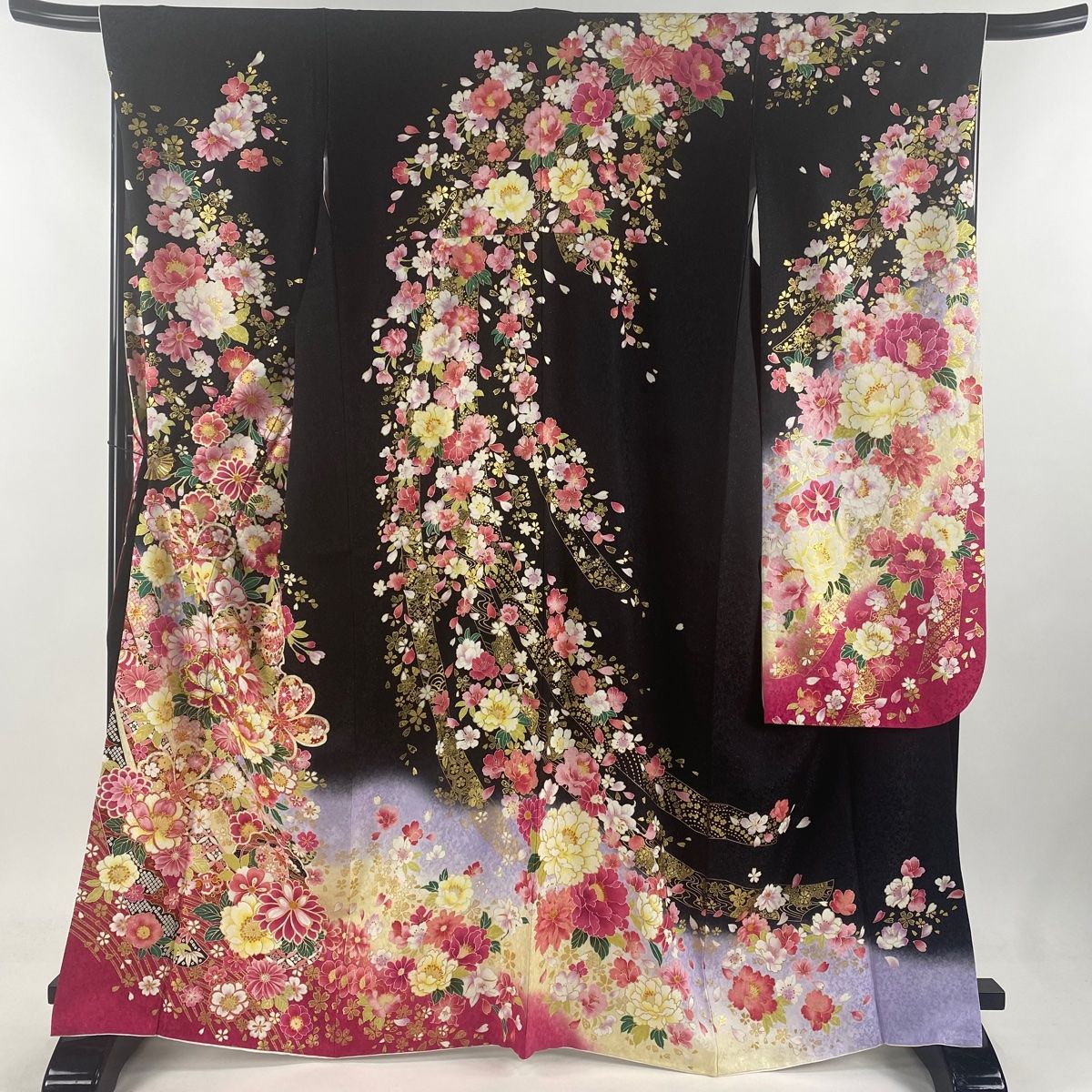 振袖 身丈165.5cm 裄丈68cm L 袷 牡丹 桜 ラメ箔 銀通し 黒 正絹