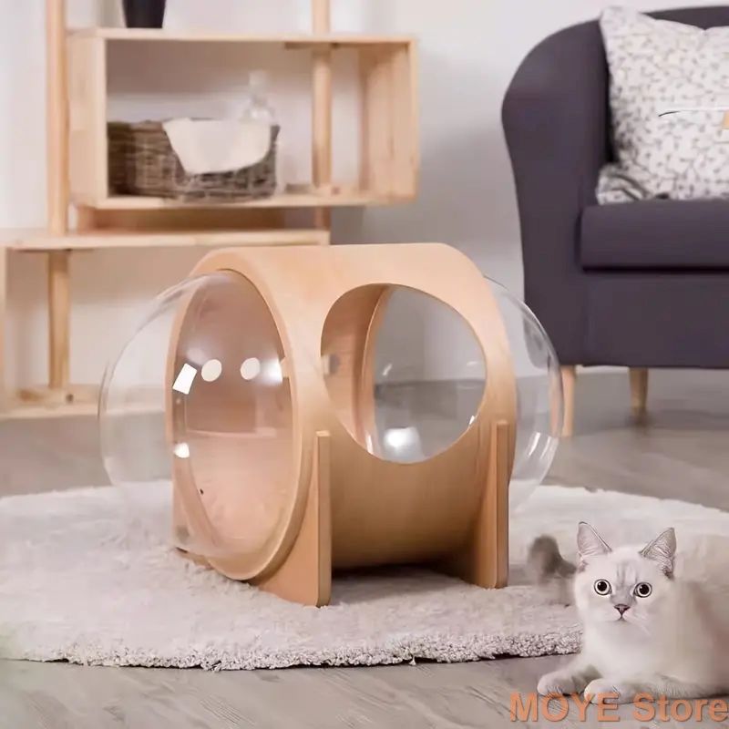 キャットハウス カプセル型 透明 クリア 室内用 猫ハウス ペットハウス かわいい 木製 インテリア 春 夏 秋 冬 オールシーズン ペット用品 猫用 小型猫 中型猫 大型猫