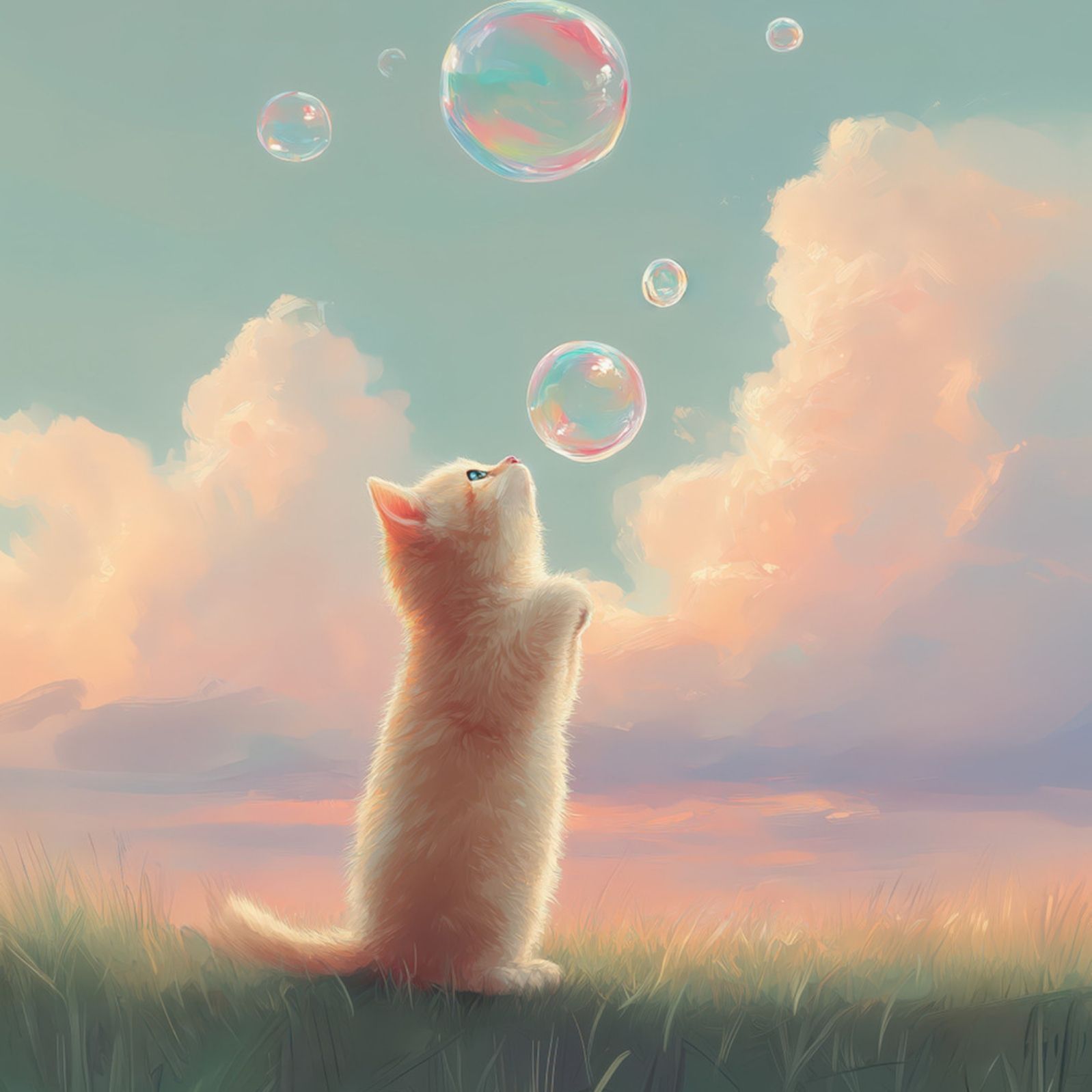 名入れOK 猫とシャボン玉 - マンチカン猫No.2 アートポスター ペットロス うちの子記念日 北欧 ナチュラル