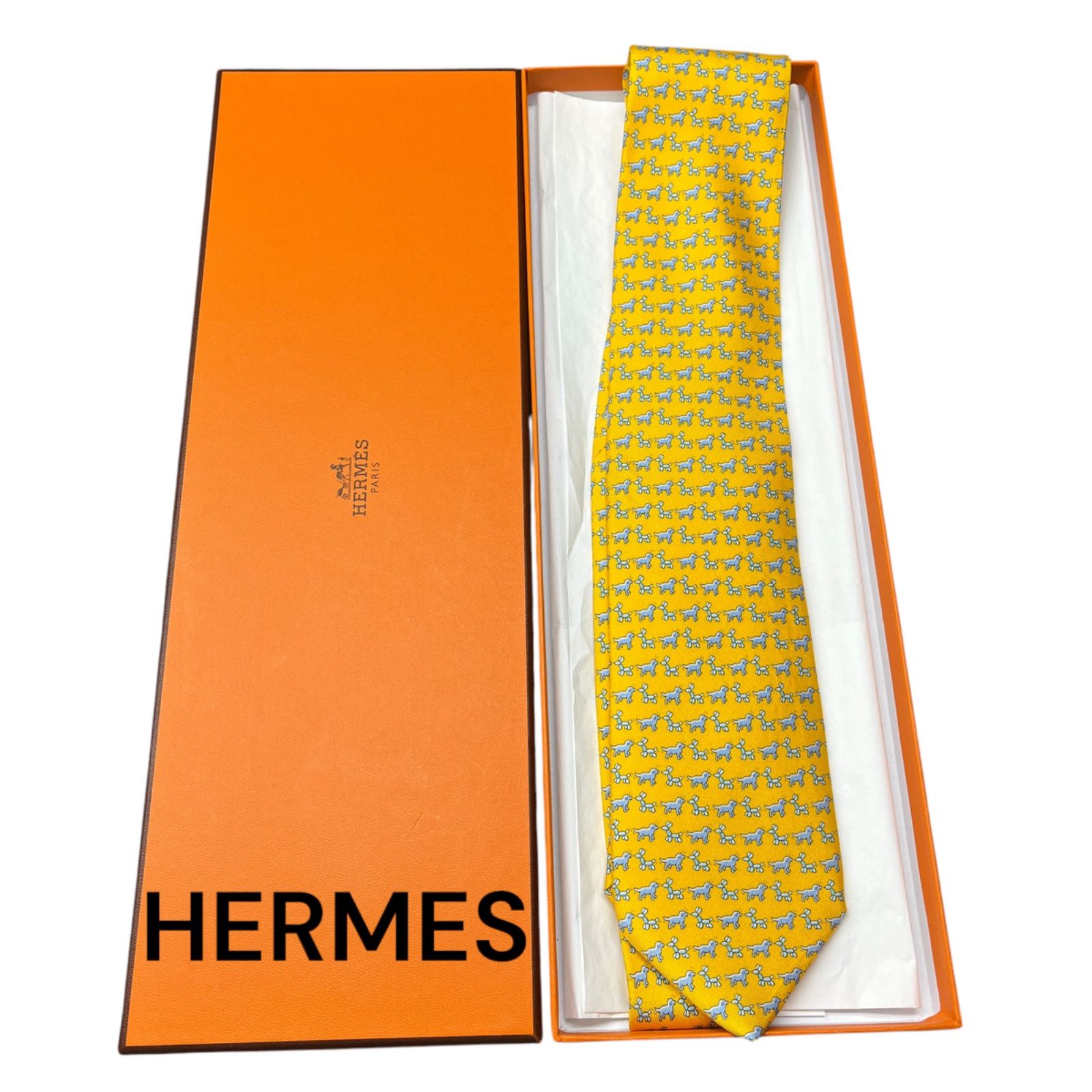 ほぼ未使用　エルメス　HERMES 犬　ドッグ柄　イエロー　ネクタイ　箱付き　S4L354