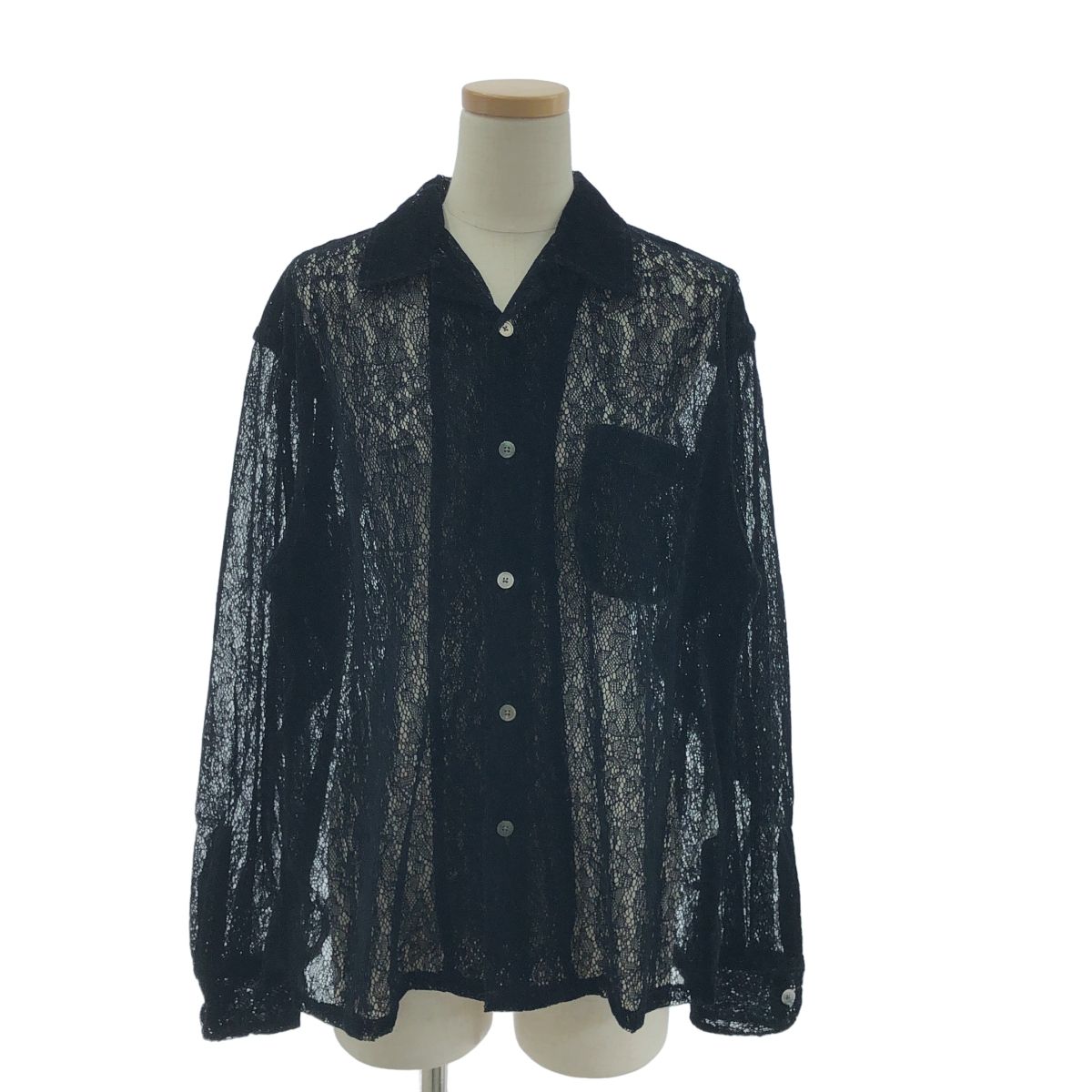 JOHN MASON SMITH | ジョンメイソンスミス | FLOCKY LACE OPEN COLLAR SHIRT | オープンカラー シャツ ブラウス | S | ブラック | レディース