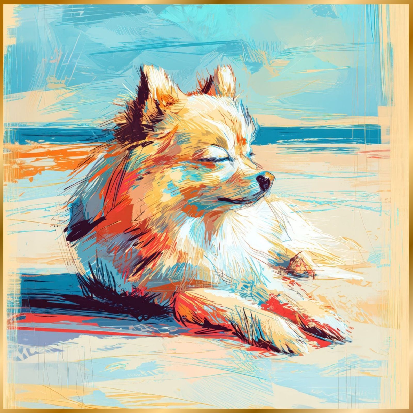 ポメラニアン犬とビーチのスケッチ No.3 海 犬の絵 犬のイラスト おしゃれ ミニマリスト ミニマリズム シンプル インテリアアート ペットロス うちの子 記念日 アートポスター ギフト プレゼント