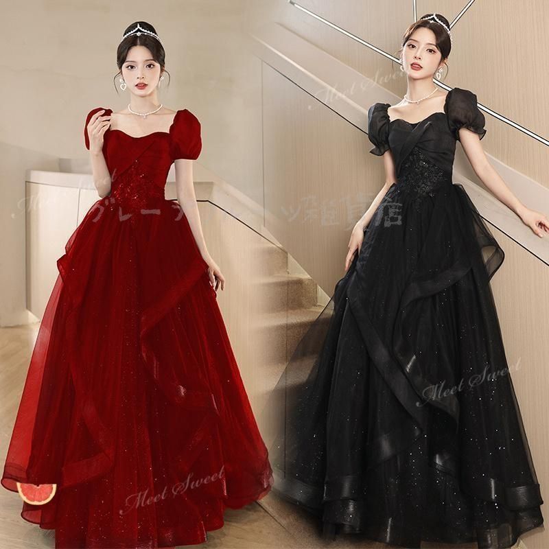 カラードレス ブラック 半袖 パフスリーブ 高校生 ウェディングドレスドレスかわいい パーティードレス 演奏会 発表会 結婚式 二次会 グラデーションカラー カラードレス ブラック 半袖 パフスリーブ 高校生 ウェディングドレス