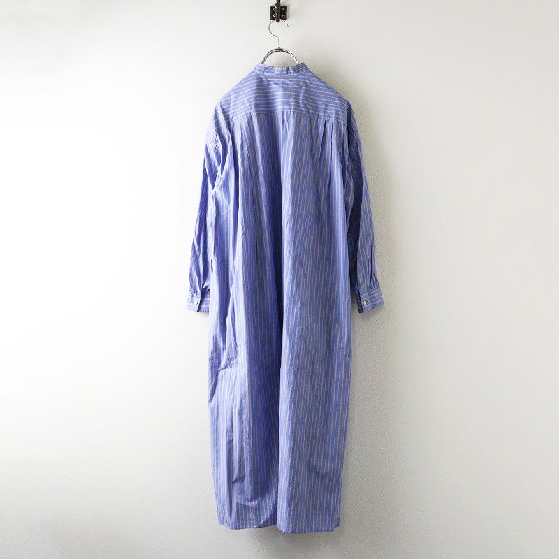 定価6.3万 ドゥロワー Drawer コットンストライプロングシャツワンピース 36 ブルー バンド ドレス タック フ