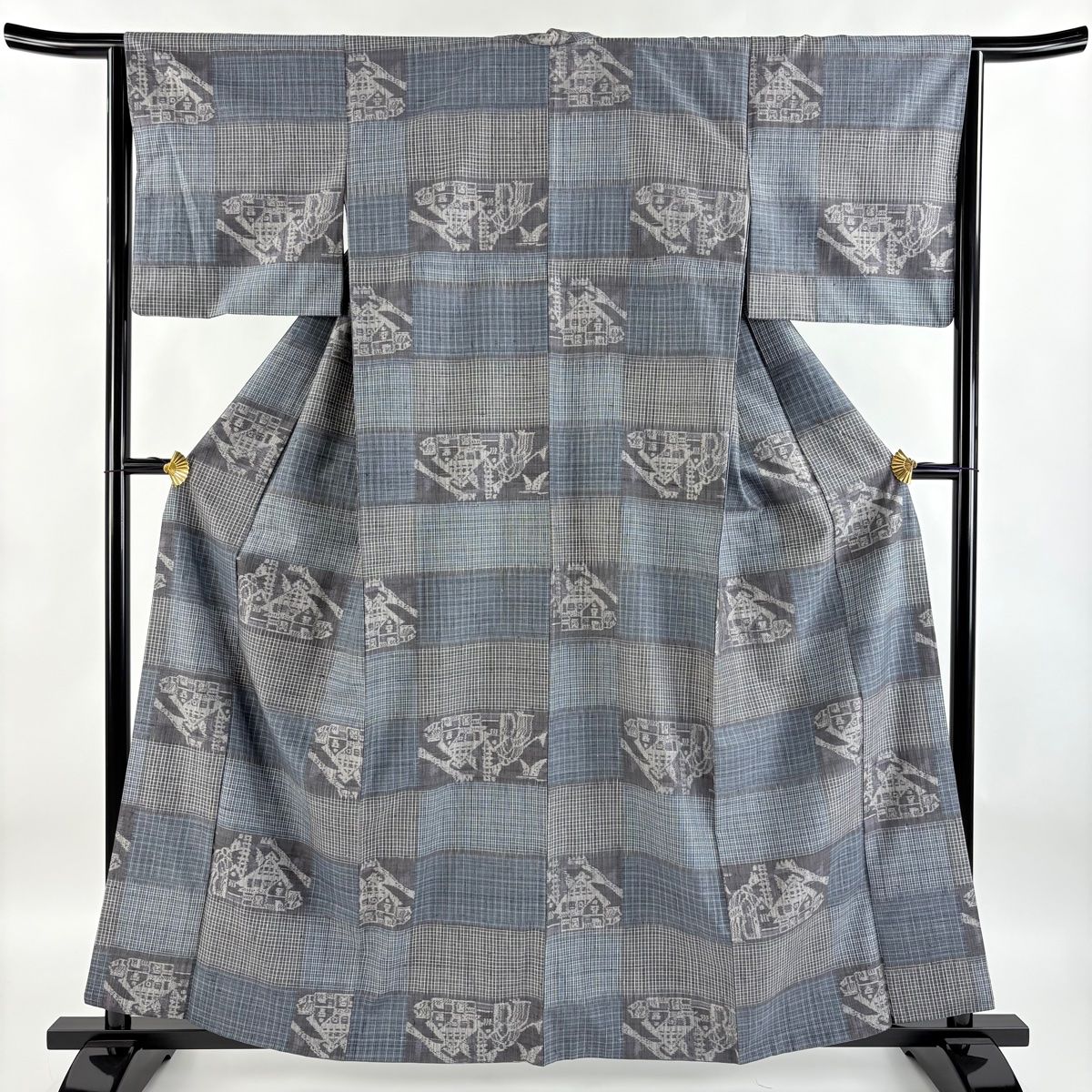 紬 身丈160cm 裄丈64.5cm M 袷 建物 格子 青灰色 正絹 美品 秀品