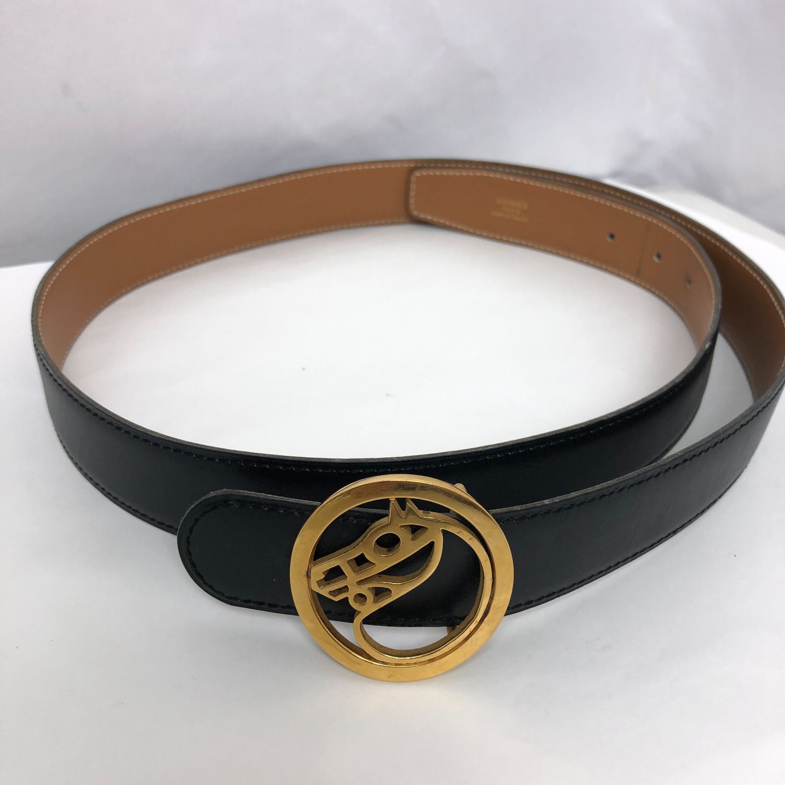 HERMES エルメス ベルト ホースバックル ブラック&キャメル 7585