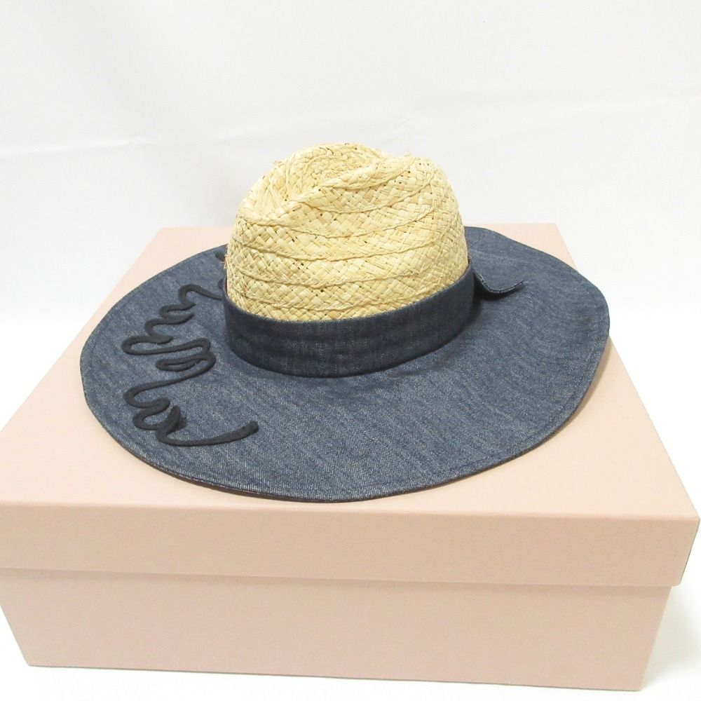 美品 MIU MIU（ミュウミュウ） Sサイズ ストローハット ロゴリボン付き