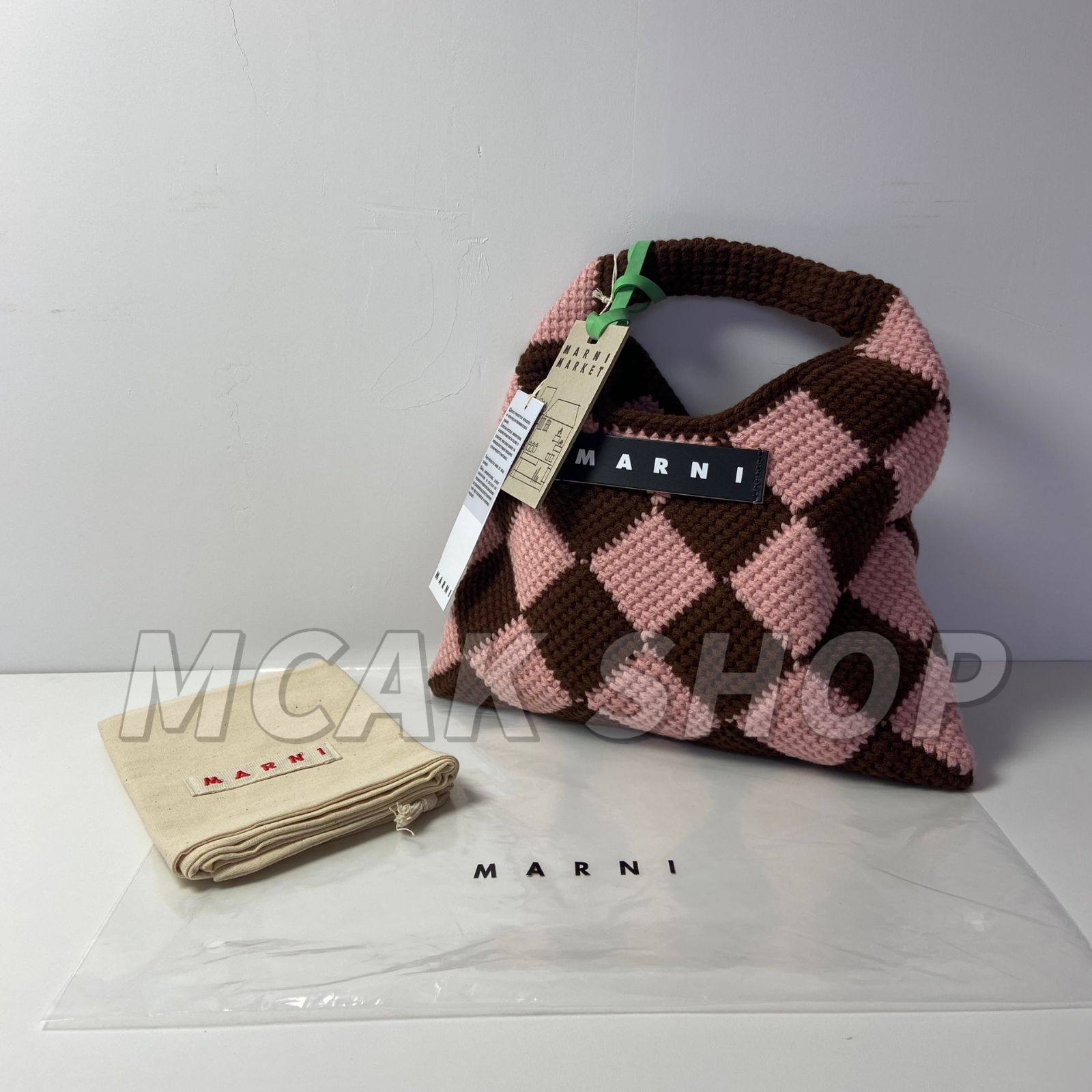 美品  MARNI MARKET DIAMOND マルニマーケット ファッション レディース バッグ ハンドバッグ スモールニットバッグ ピンク×ブラウン