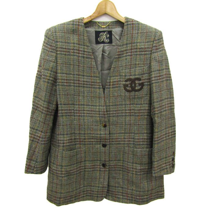 伊太利屋 ノーカラージャケット アウター チェック柄 シルク混