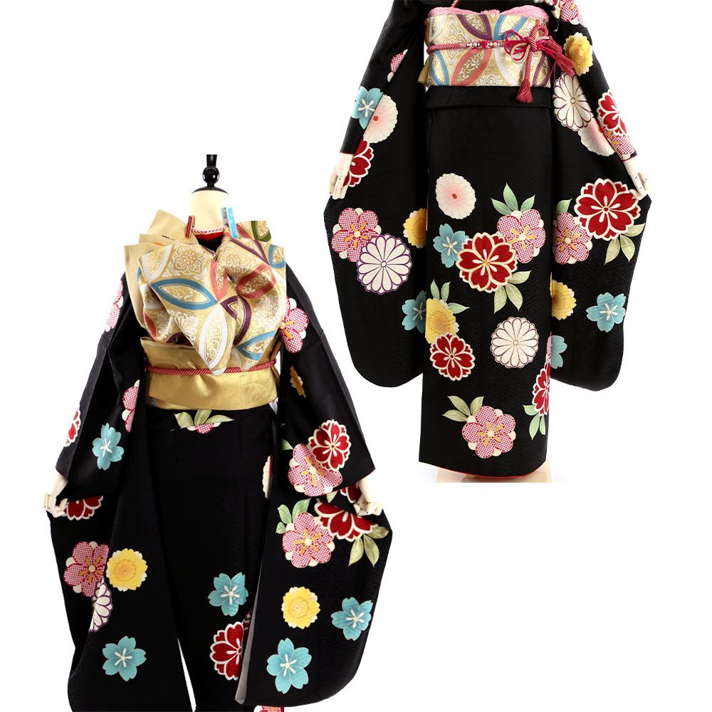 振袖 振袖セット USED振袖 黒 桜 菊 6点セット レディース S～M