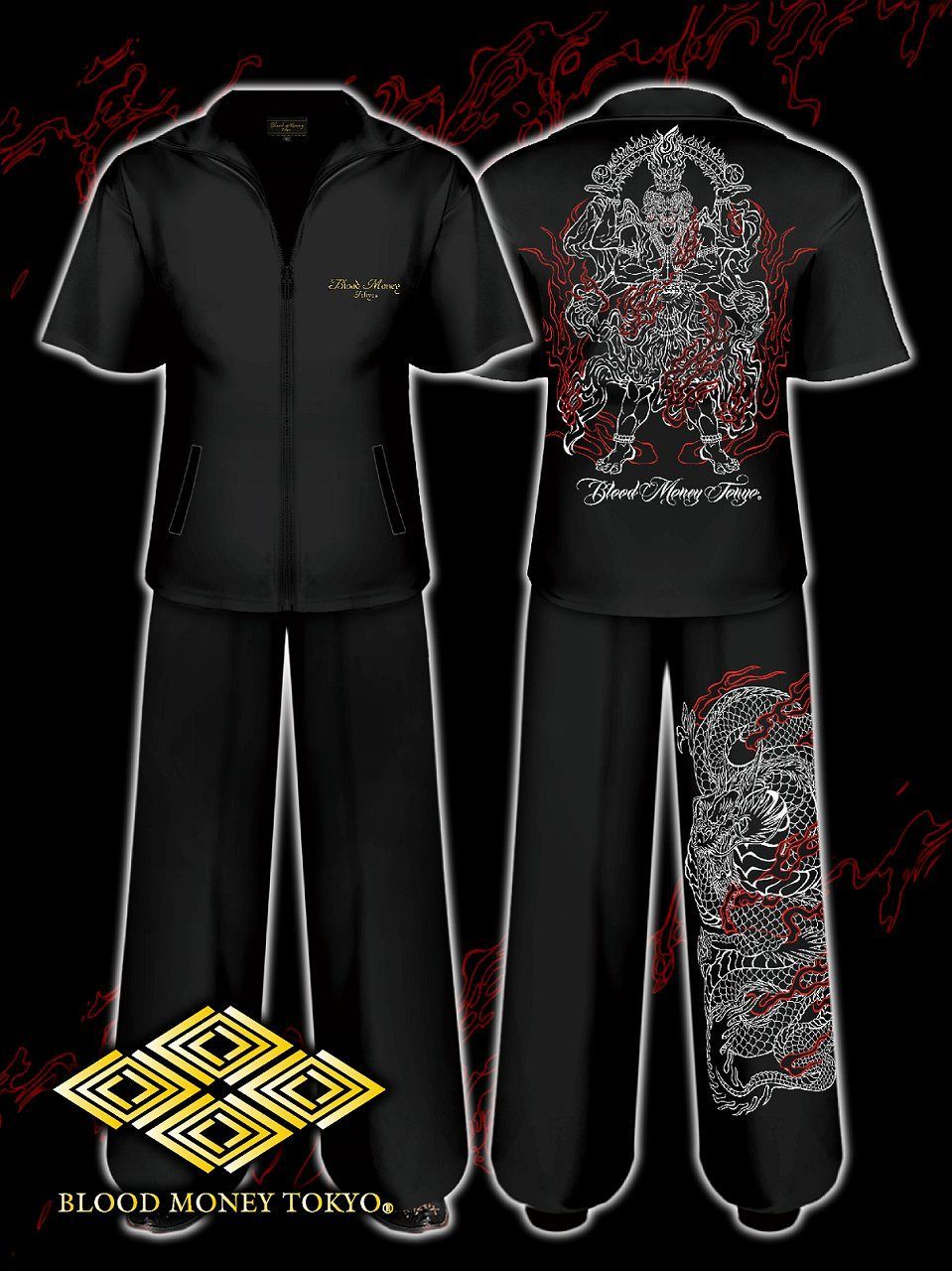 BLOOD MONEY TOKYO セットアップ 和柄 梵字 ジャージ L セットアップジャージ (長袖+長ズボン) 服 BLOOD MONEY TOKYO 龍
